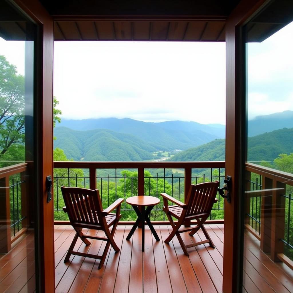 Tranquil nature view from a balcony of a house hill homestay in Selangor, overlooking lush green valleys and distant mountains.