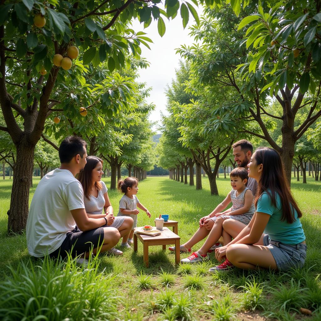 A family enjoying their time at a Hulu Langat orchard homestay, surrounded by fruit trees.