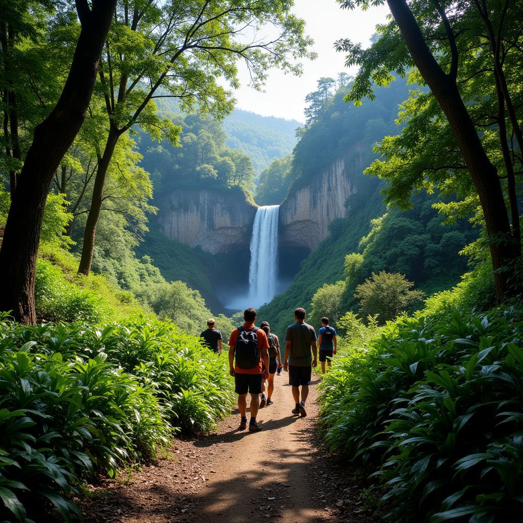 Visitors trekking to a waterfall in Hulu Langat surrounded by lush rainforest.