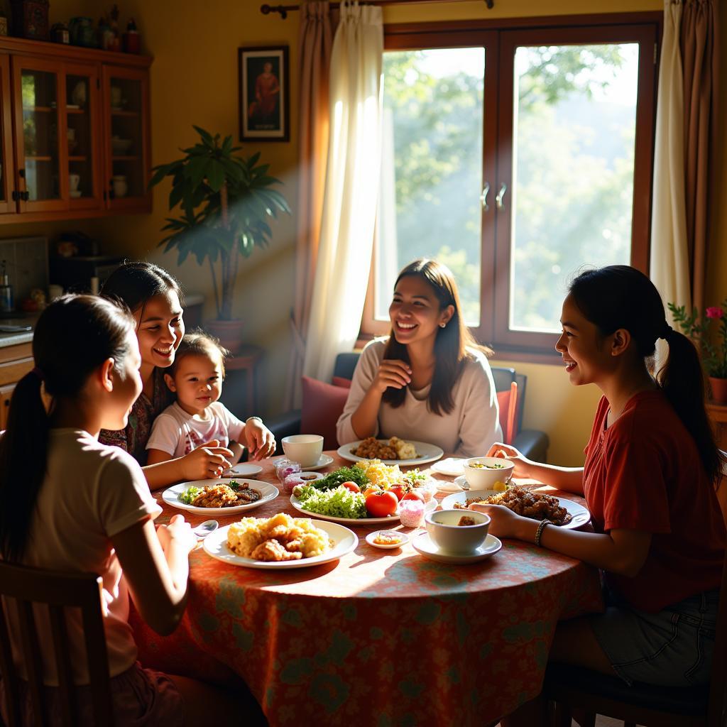 Indonesian Family Enjoying Breakfast Together in a Homestay