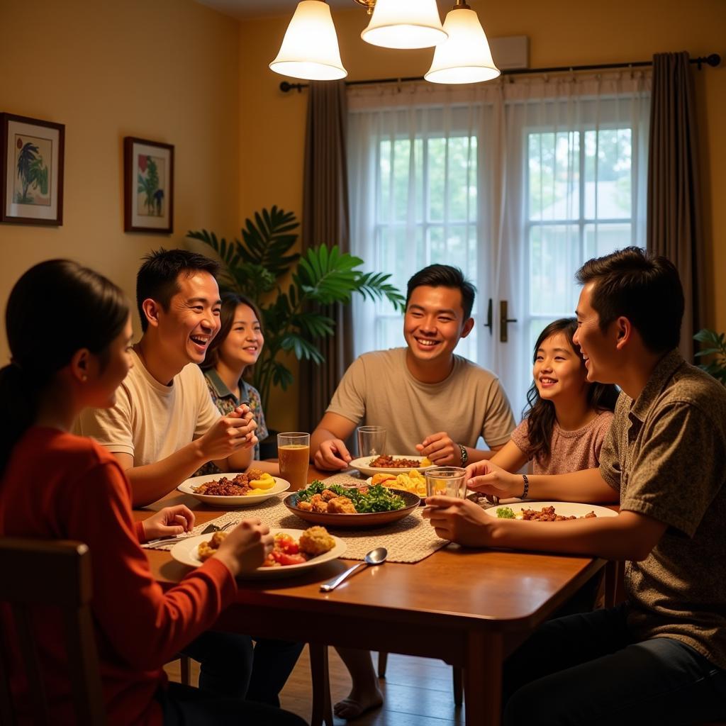 Family enjoying a traditional Malaysian meal together in a cozy Ipoh homestay.