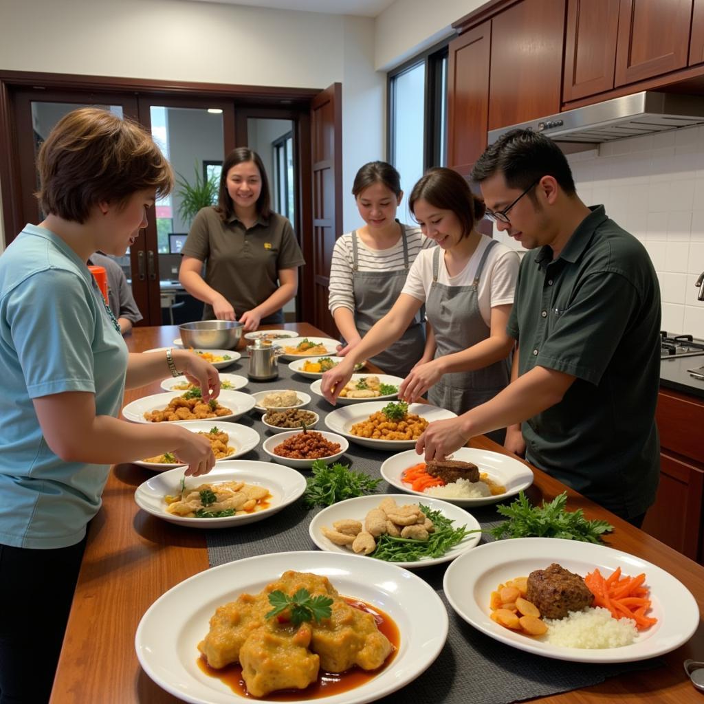 A vibrant scene of a cooking class at a Jakarta homestay, with guests learning to prepare traditional Indonesian dishes under the guidance of their host.