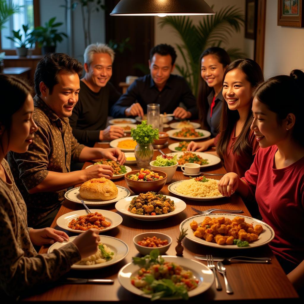 A warm and inviting scene of a family dinner at a Jakarta homestay, showcasing traditional Indonesian dishes and the friendly atmosphere of a local home.