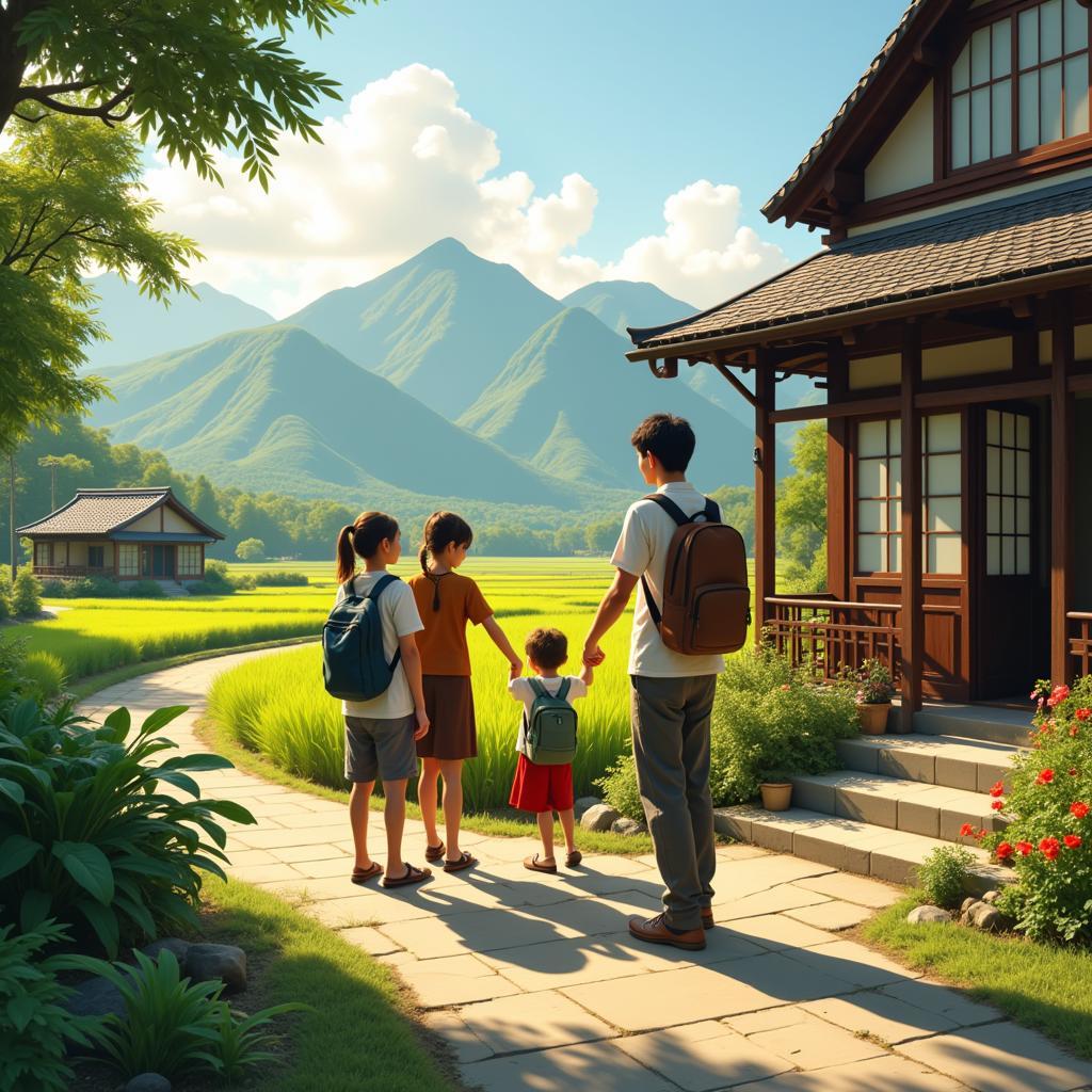 A Japanese family welcomes guests into their traditional farmhouse for a homestay experience