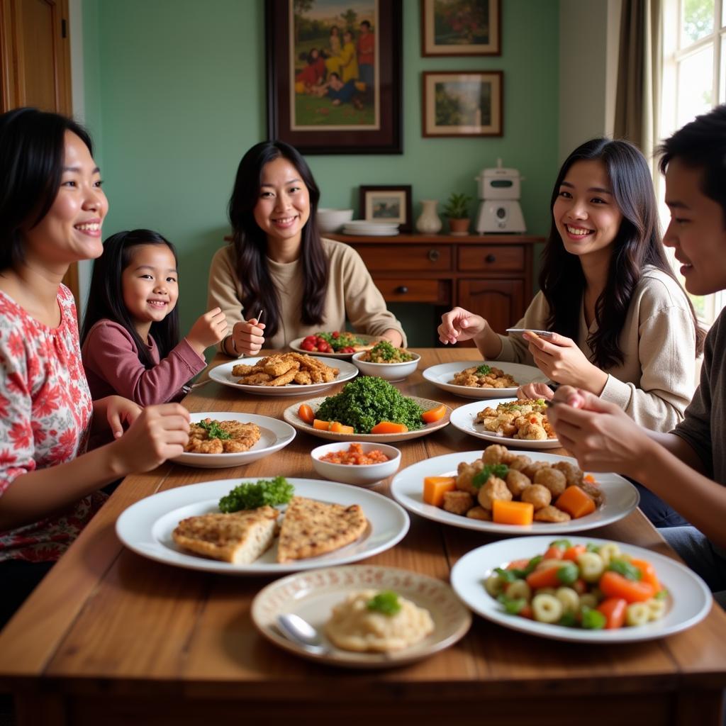 Family enjoying a meal together in a Jember homestay