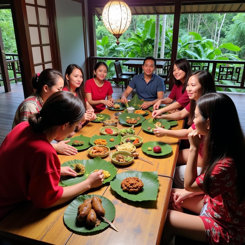 Guests enjoying a traditional Javanese meal at their homestay