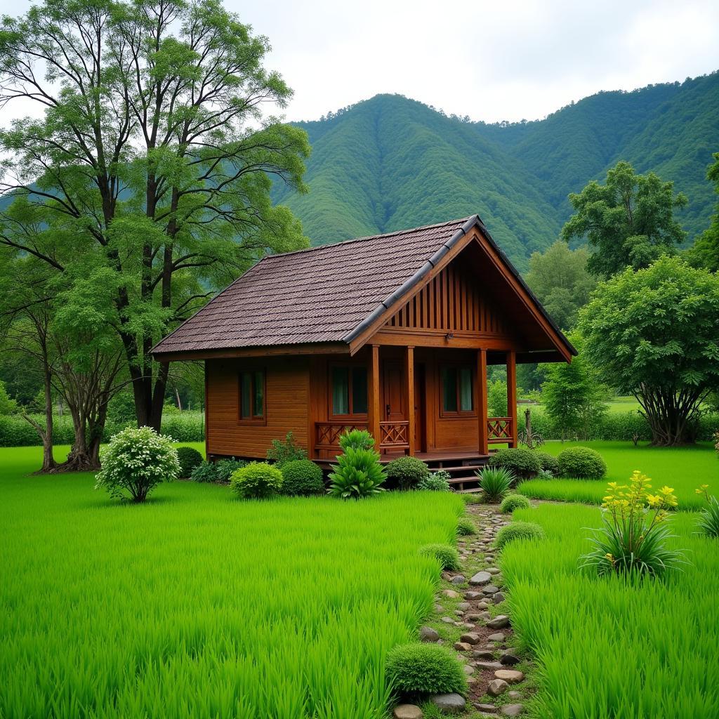 Scenic view of a traditional Malay kampung house in Kampung Gajah, Perak, surrounded by lush greenery and a peaceful atmosphere.