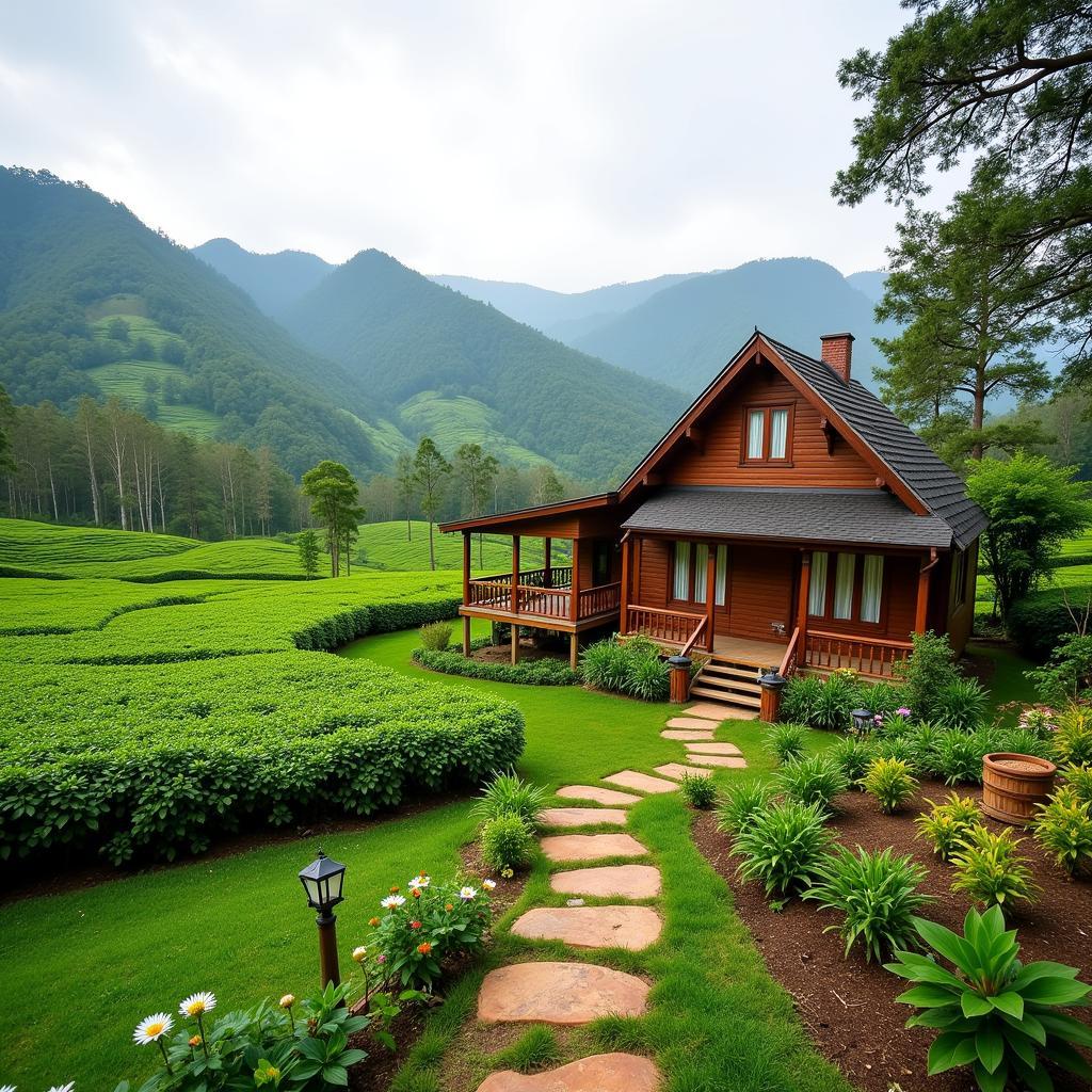 Scenic view of a traditional Kampung Sedia homestay nestled amidst the lush Cameron Highlands landscape