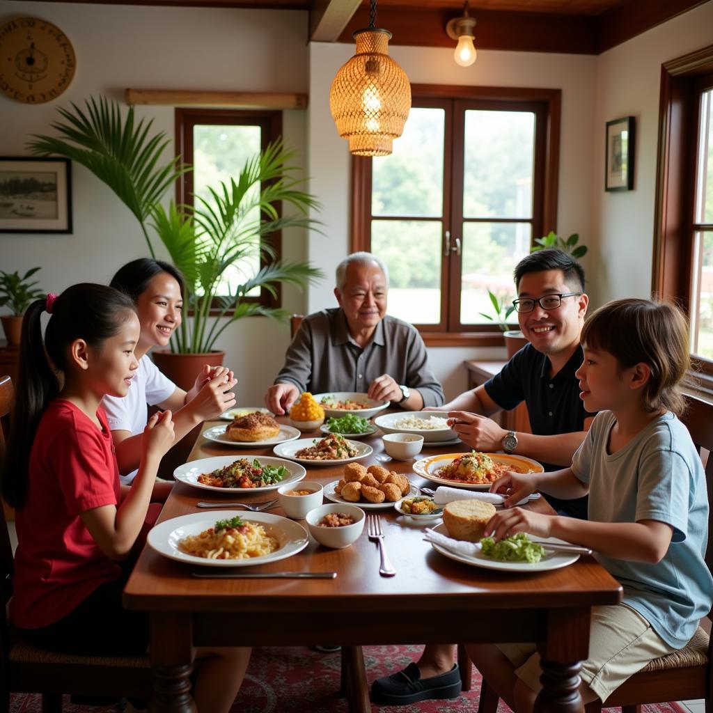 Family enjoying a meal together in a Kampung Taman Sedia homestay