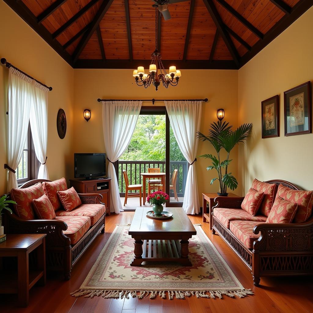 Inviting interior of a Kelantan homestay, featuring traditional decor, comfortable furnishings, and a welcoming atmosphere.