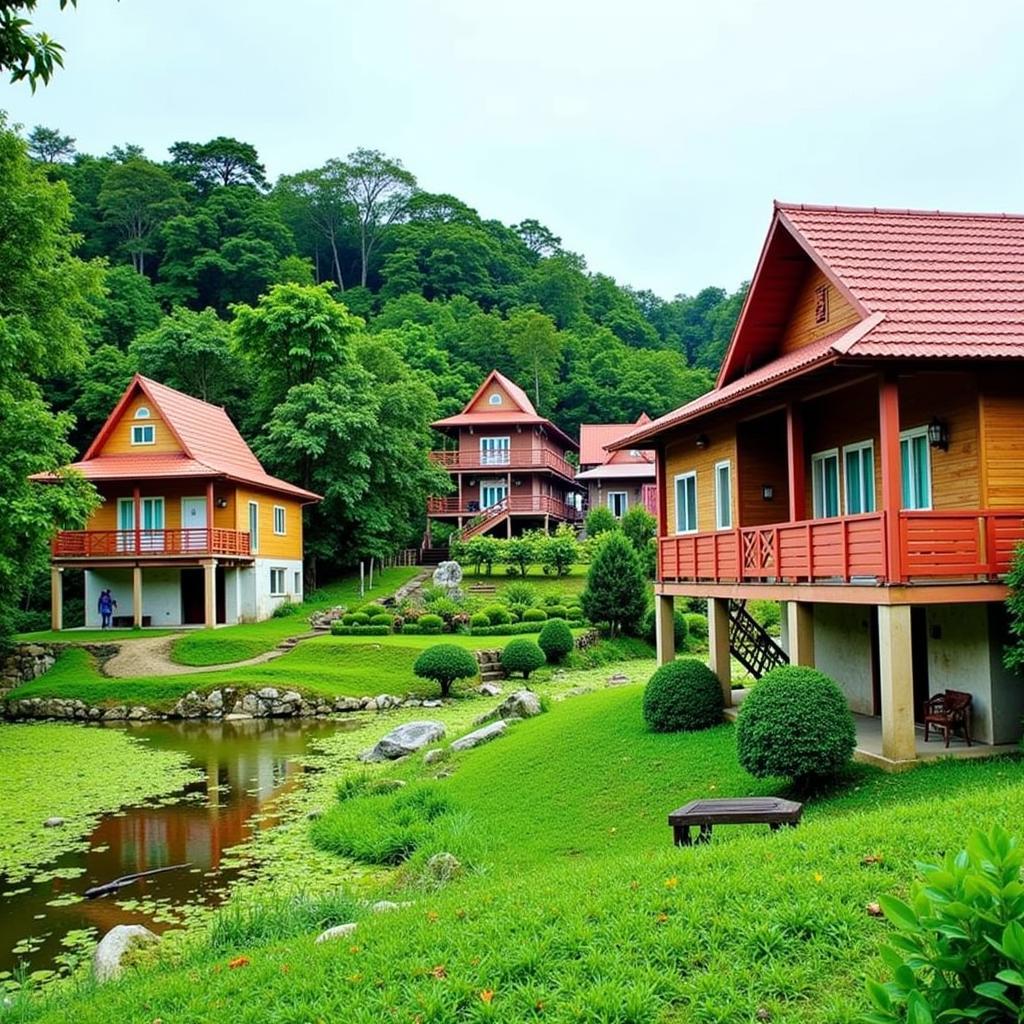 Tranquil village scene in Kg Geliga Kemaman, showcasing traditional Malaysian houses and lush greenery, perfect for a homestay experience.