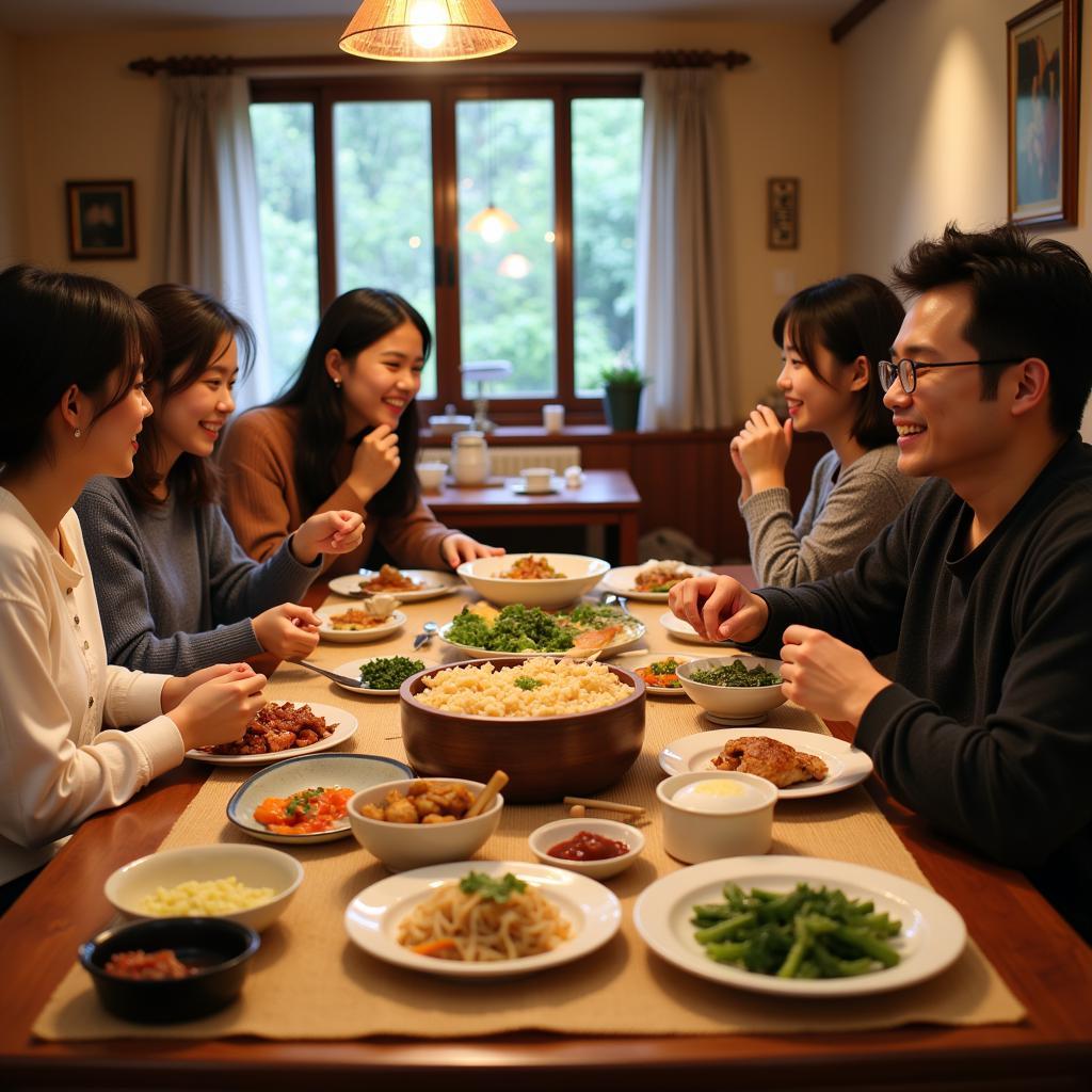 Korean Family Enjoying Dinner with Homestay Guest