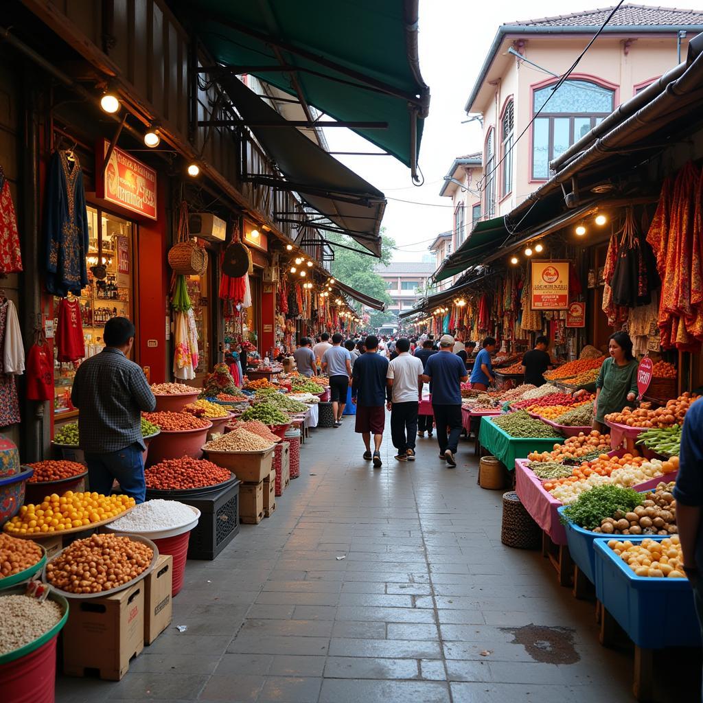 Busy marketplace in Kota Bharu with vendors selling local produce, crafts, and goods.