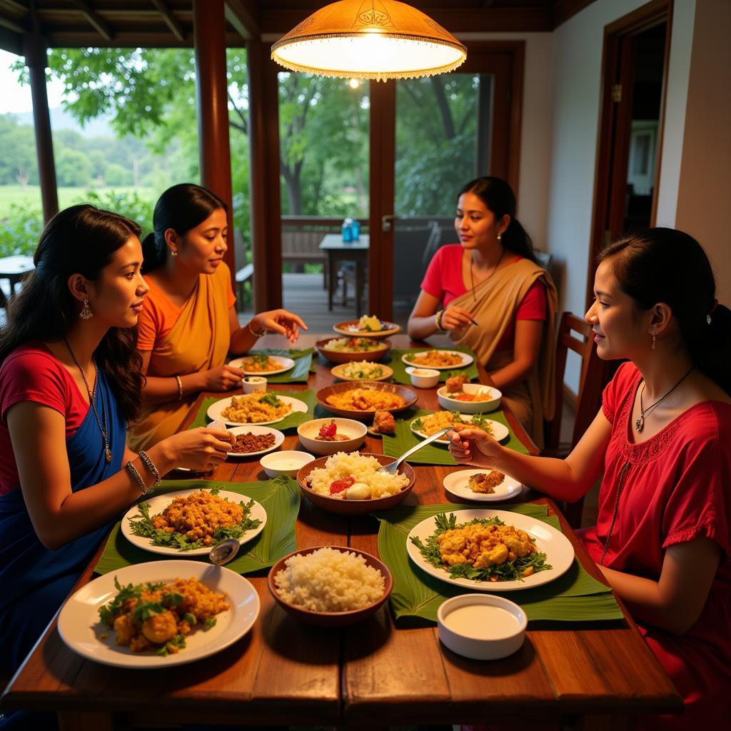 Enjoying a traditional Kerala meal with a local family in a Kozhikode homestay