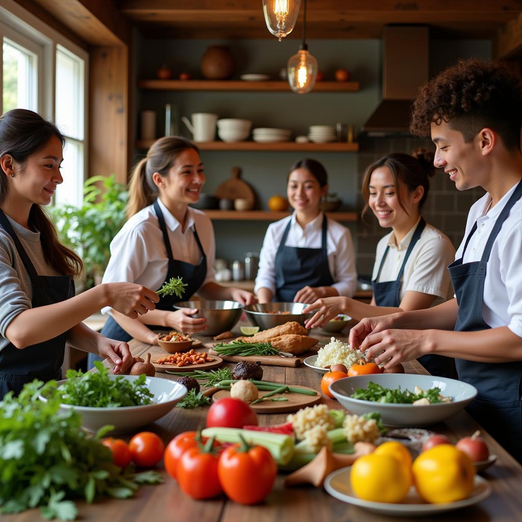 Guests learning to cook Malaysian dishes at their homestay