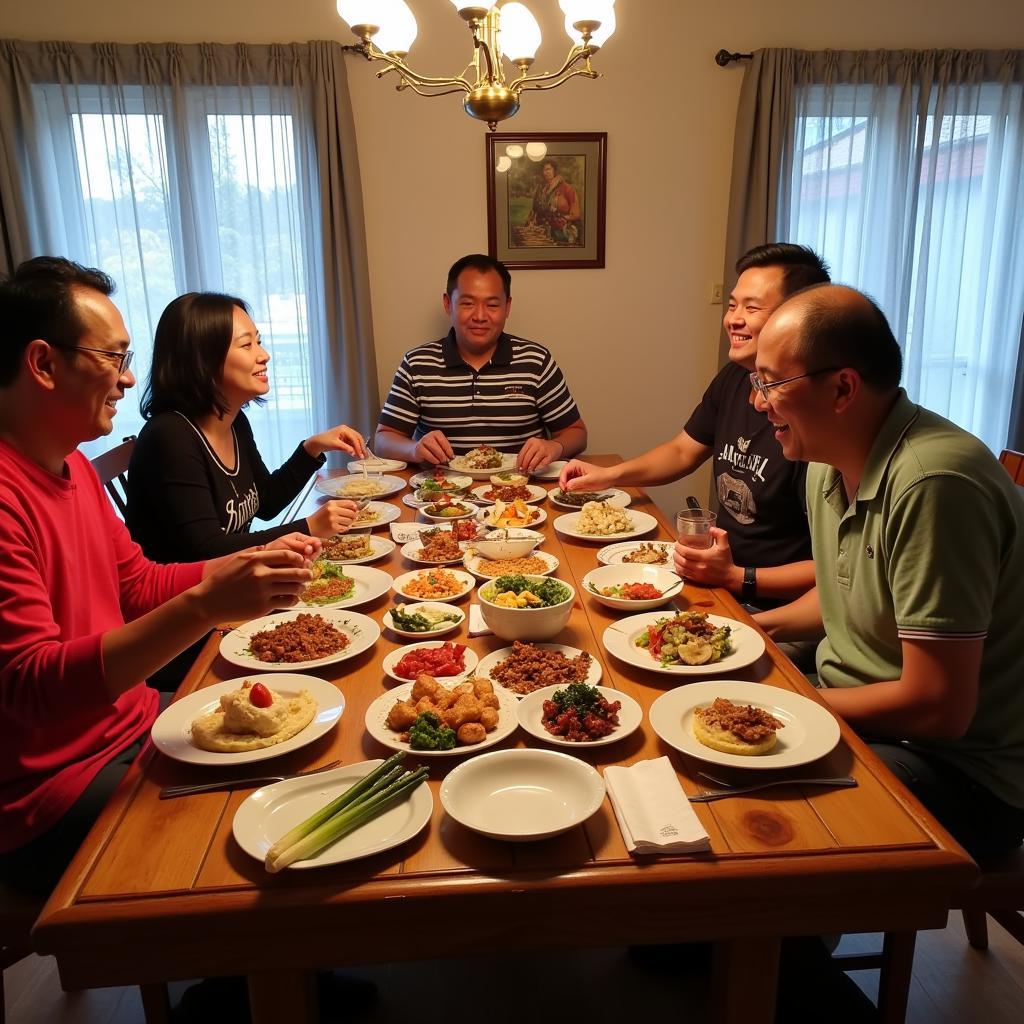 A warm and welcoming scene of a family dinner at a Kuala Sepetang homestay, with guests and hosts sharing a delicious meal together.