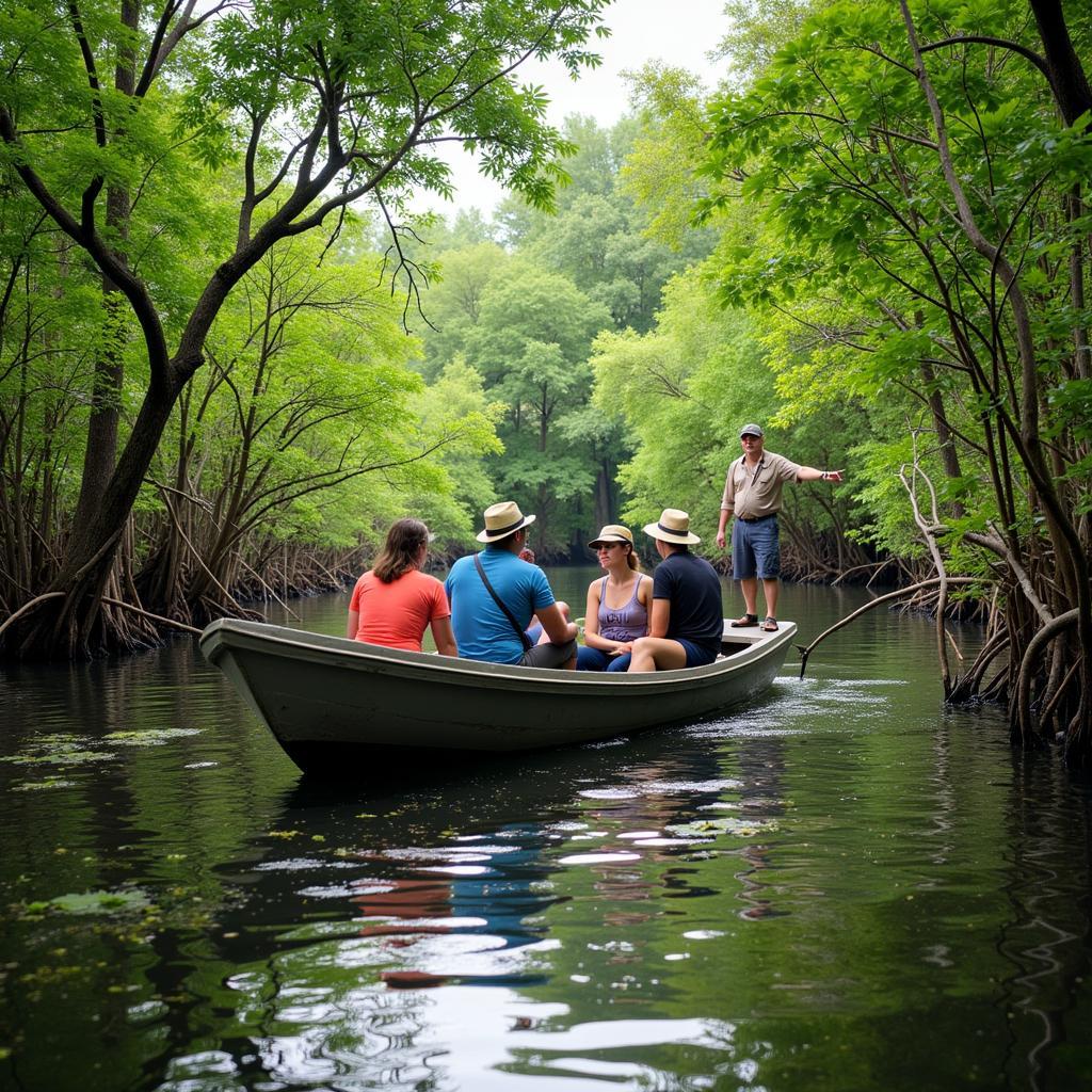 Tourists enjoying a boat tour through the lush green mangrove forest in Kuala Sepetang, with a local guide pointing out various species of flora and fauna.