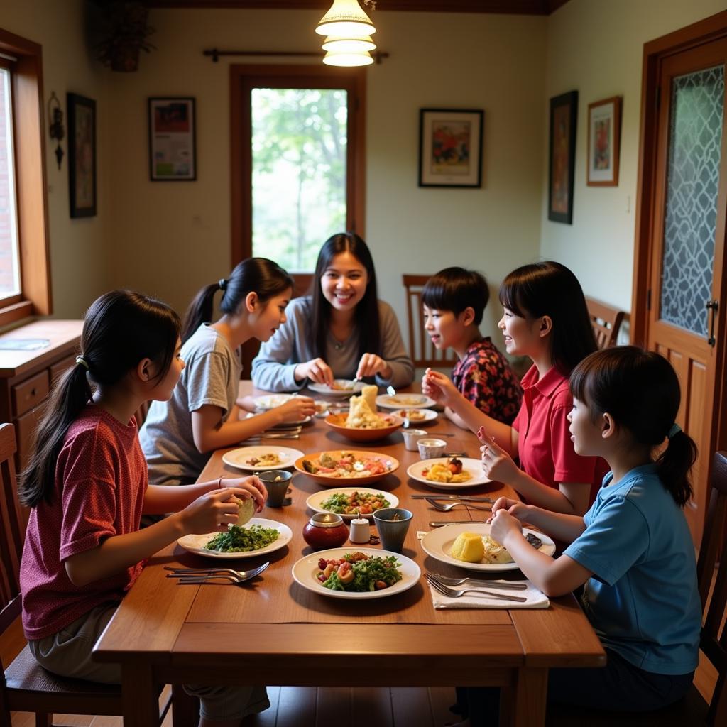 Family enjoying a traditional meal in a Kudat homestay