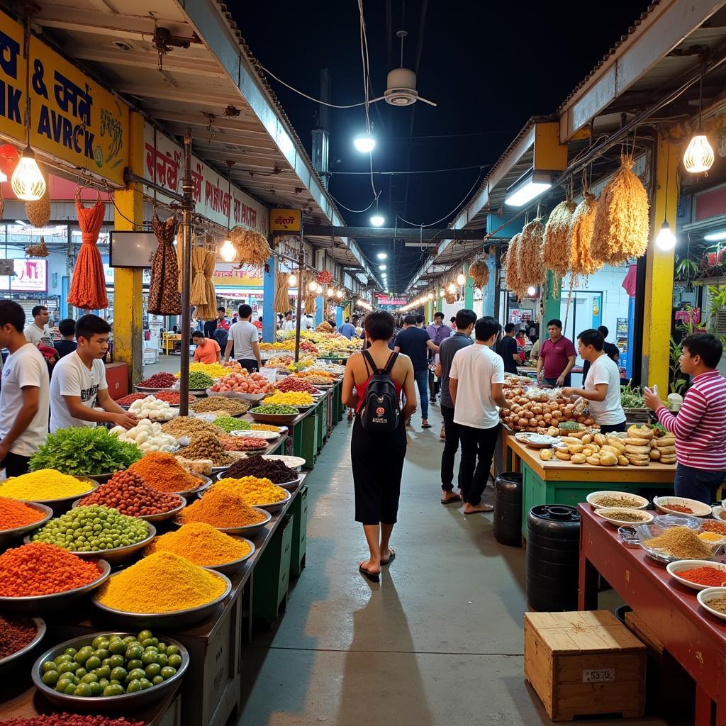 Bustling local market in Kuningan, Jakarta, with vendors selling fresh produce and traditional Indonesian goods.