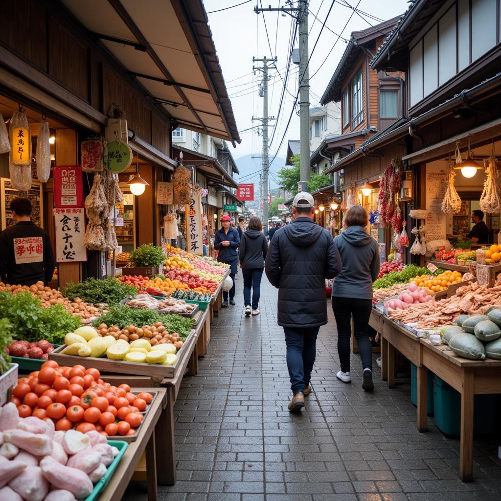 Homestay guests exploring a bustling local market in Kyushu with their host