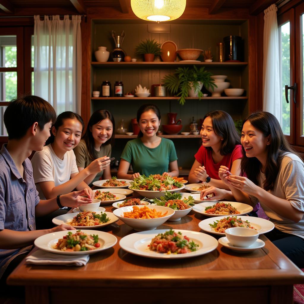 A family enjoying a traditional Vietnamese meal in a homestay setting in Lagi, Binh Thuan.