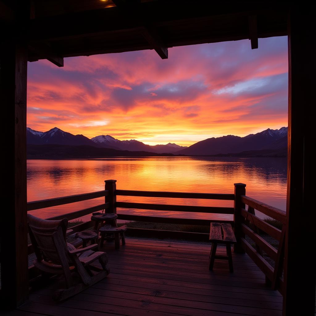 Lake Titicaca Homestay Sunset: A breathtaking sunset over Lake Titicaca as seen from the porch of a traditional homestay.