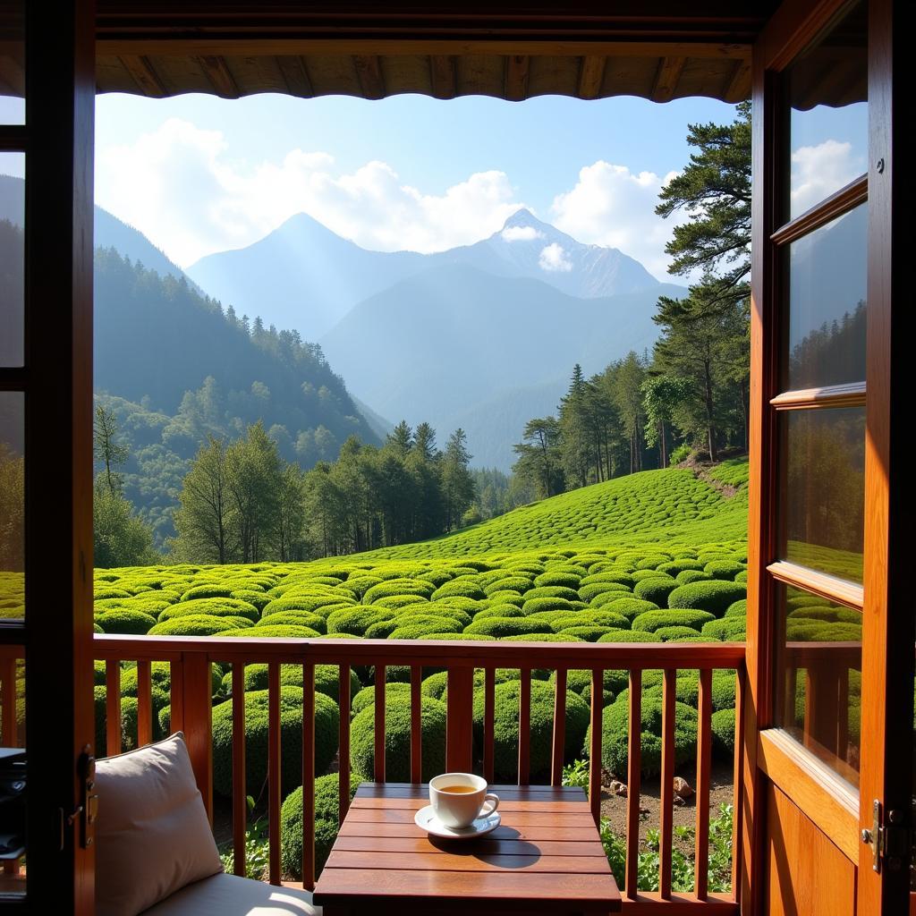 A stunning view of the tea gardens from a Lamahatta homestay balcony.