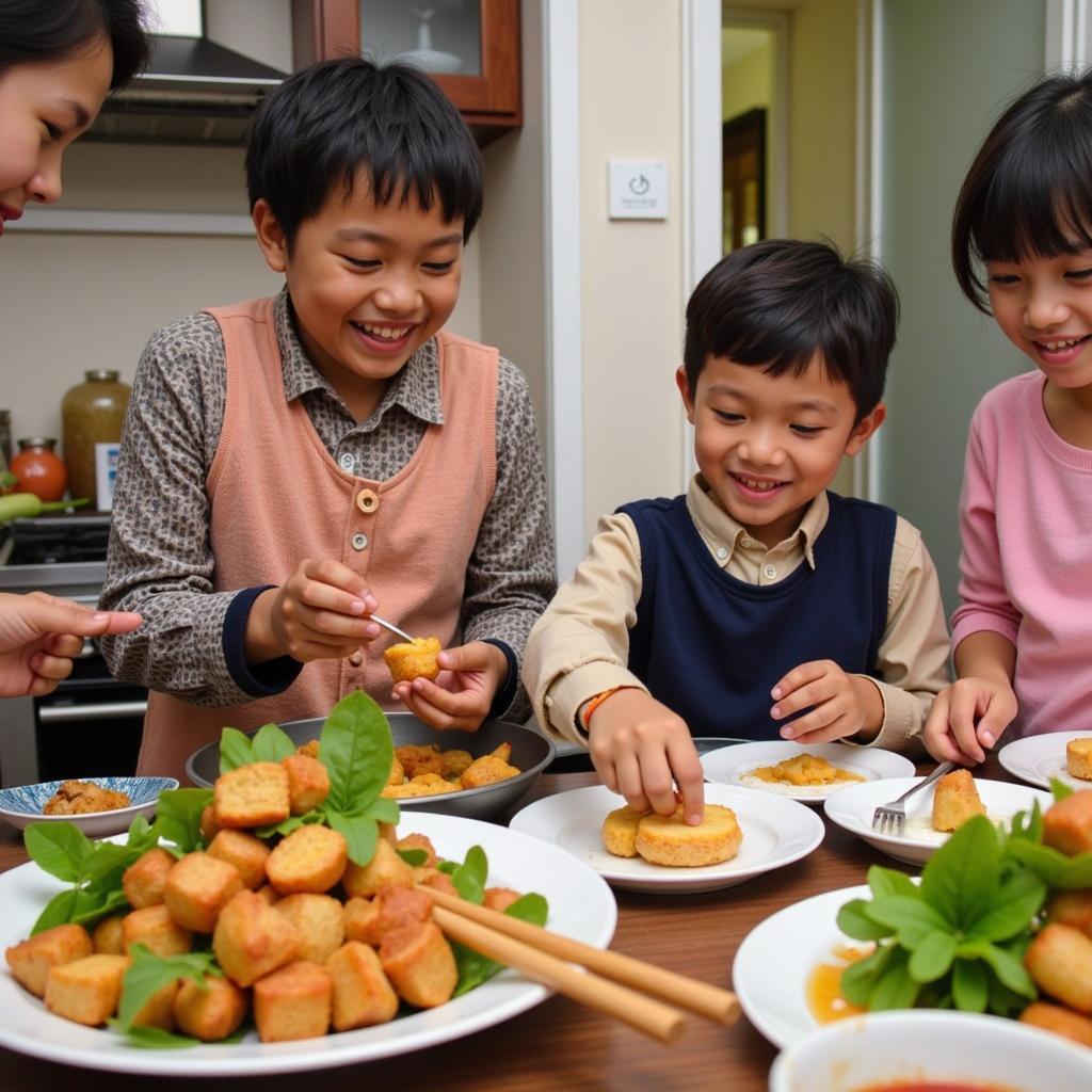 A family participating in a cooking class in a Langkawi homestay, learning how to prepare traditional Malay dishes.