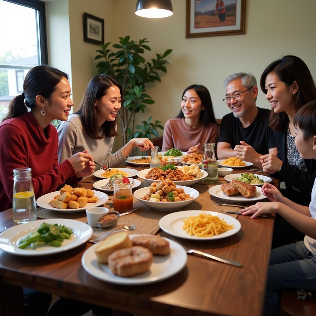 A family enjoying a delicious home-cooked meal with their homestay host family.