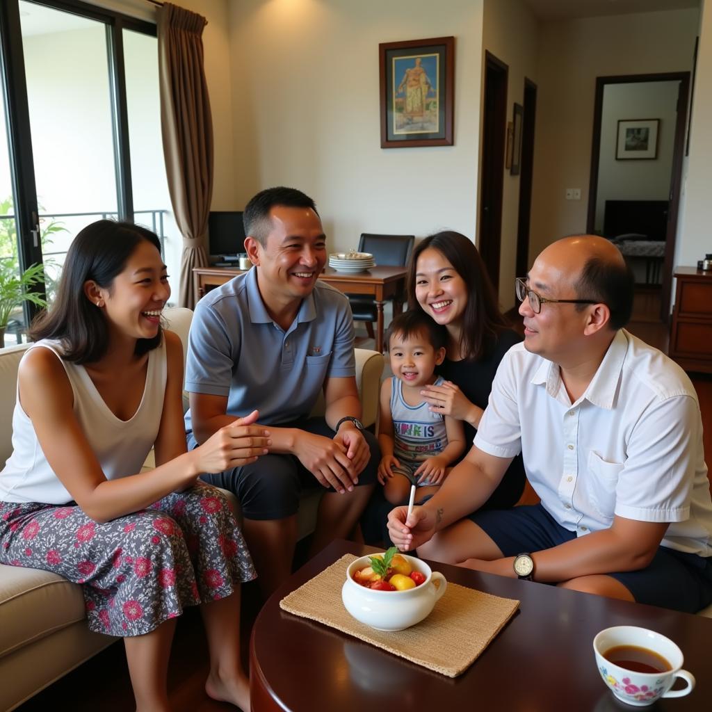 A tourist family interacting with their local host family in a Langkawi homestay, sharing stories and laughter.