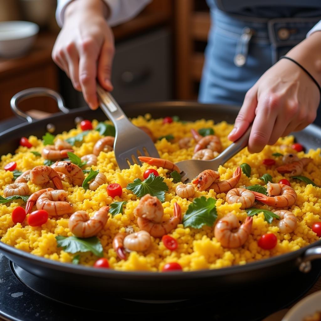 Learning to make paella during a Spanish homestay