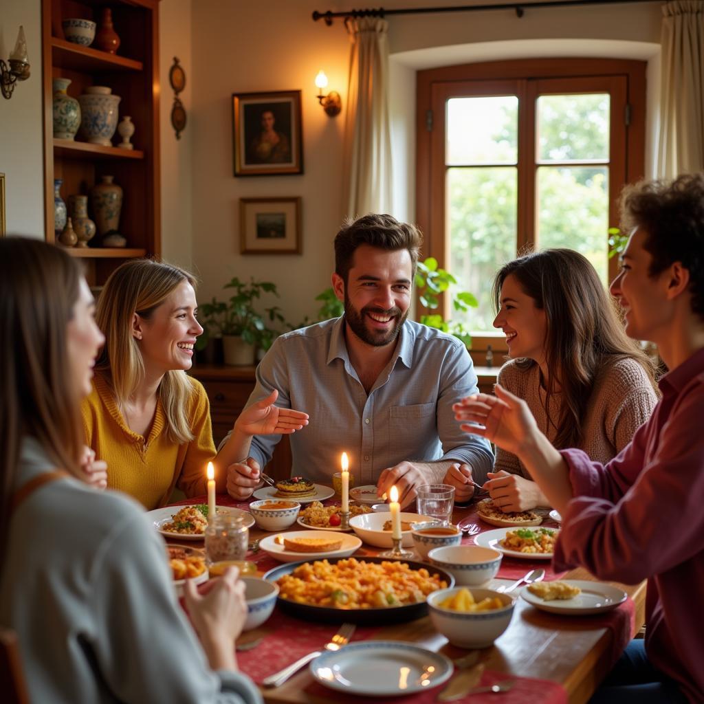 English tutor enjoying a traditional Spanish dinner with their host family in Madrid