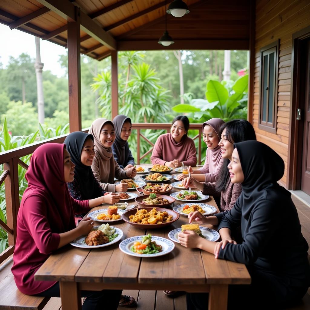 Guests enjoy a traditional Malay meal with their host family at a kampung homestay in Langkawi.