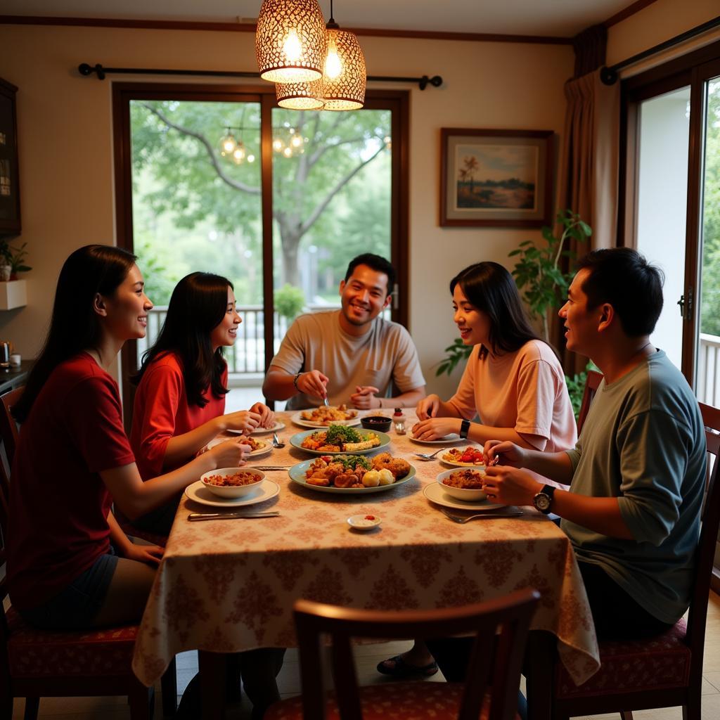 A Malaysian family enjoys a traditional dinner together in a homestay setting