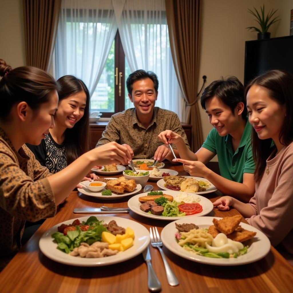 Malaysian family enjoying a meal with homestay guests