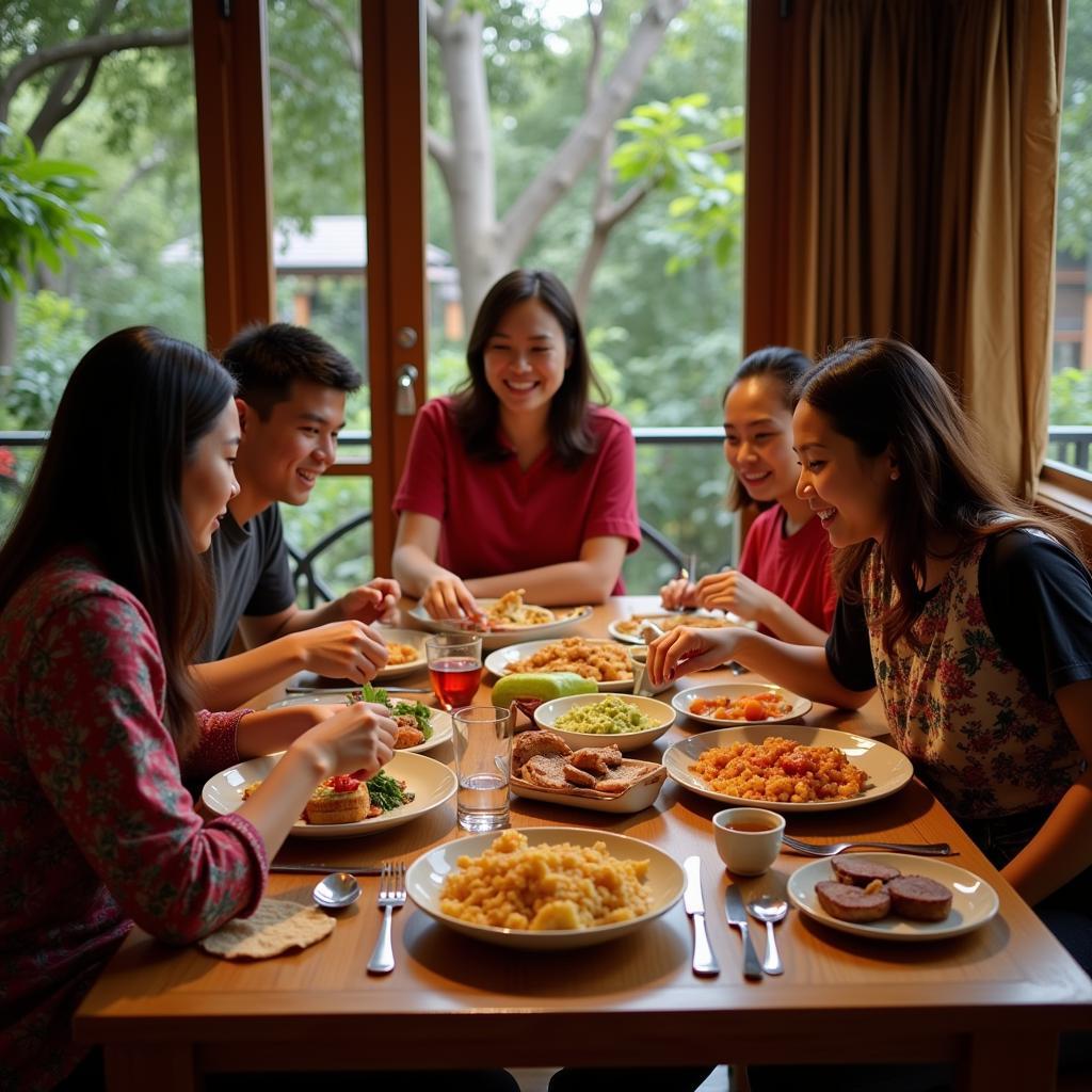 Guests enjoying a traditional Malaysian meal with their homestay hosts