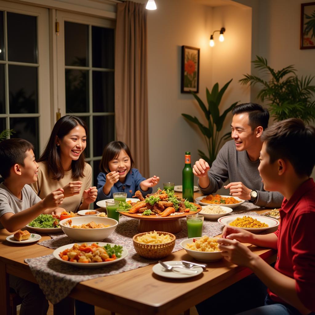 Malaysian family enjoying a traditional dinner together in their homestay.