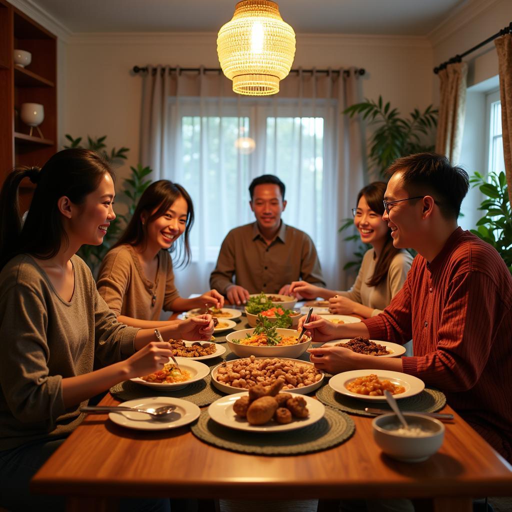 Homestay guests sharing a meal with a Malaysian family.