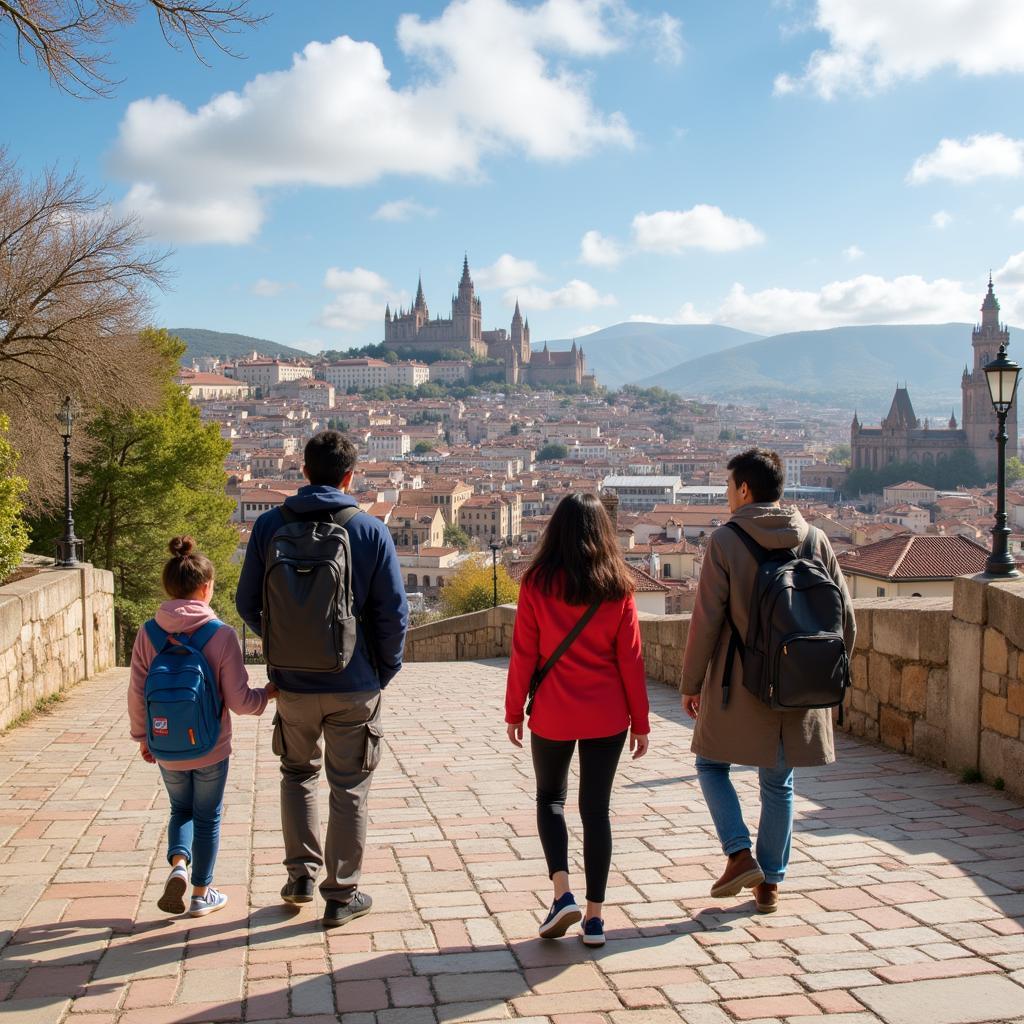 A Chinese student and their Mandarin-speaking host family exploring a Spanish city together.