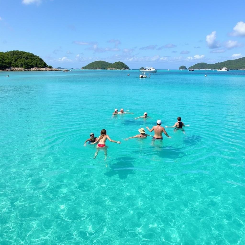 A vibrant image of a traditional Malaysian boat speeding across the turquoise waters towards a tropical island. The boat is filled with excited tourists, ready to explore the beauty of the islands surrounding Marang.