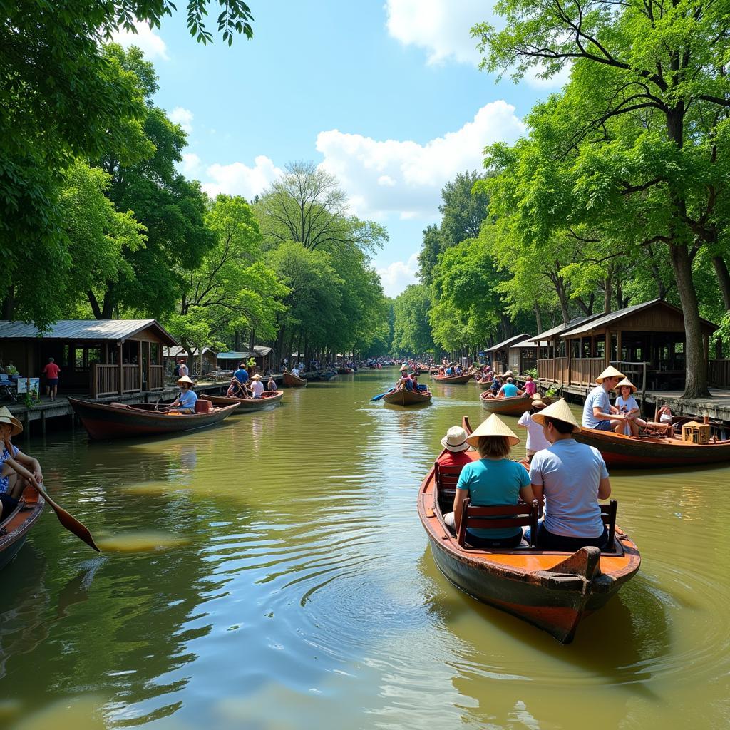 Tourists enjoying a scenic boat trip through the canals of the Mekong Delta in Ben Tre, Vietnam