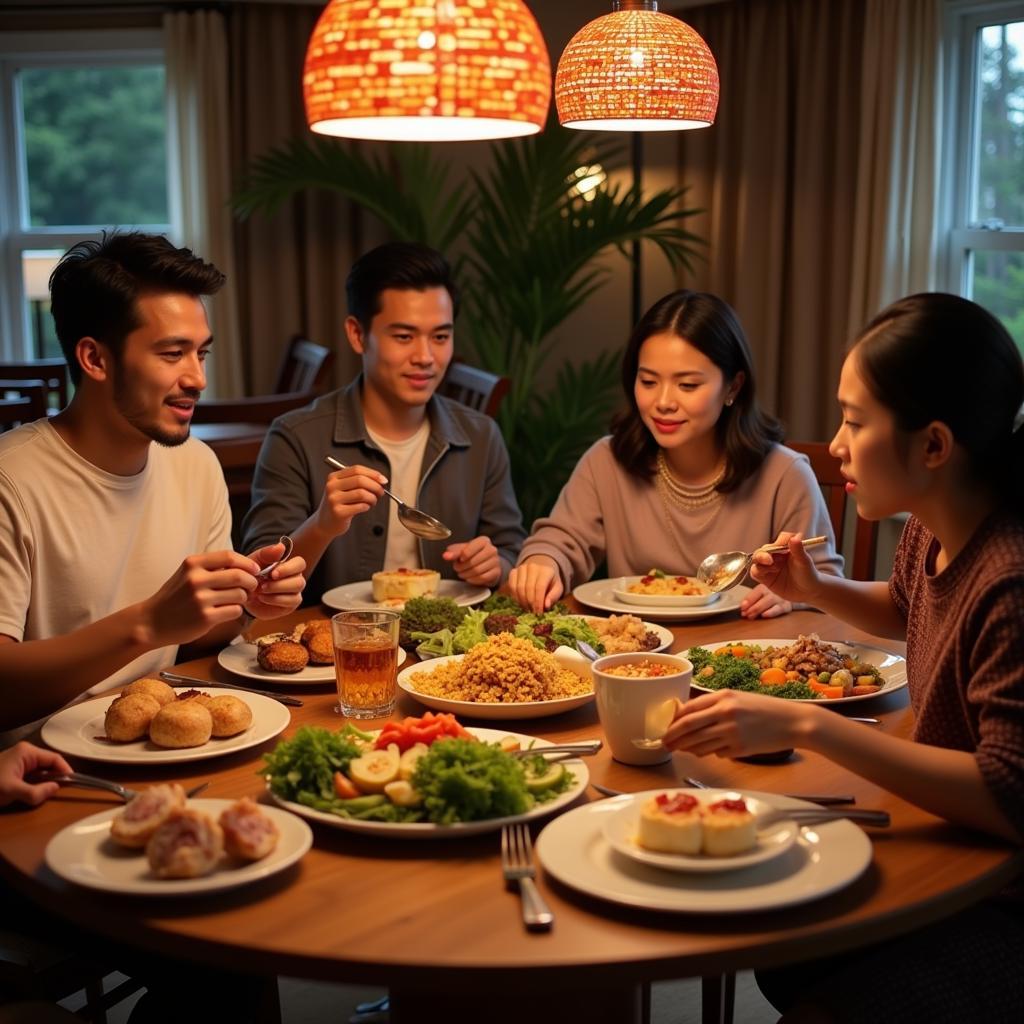 A happy family enjoying a traditional Malaysian dinner together in a Melaka homestay.