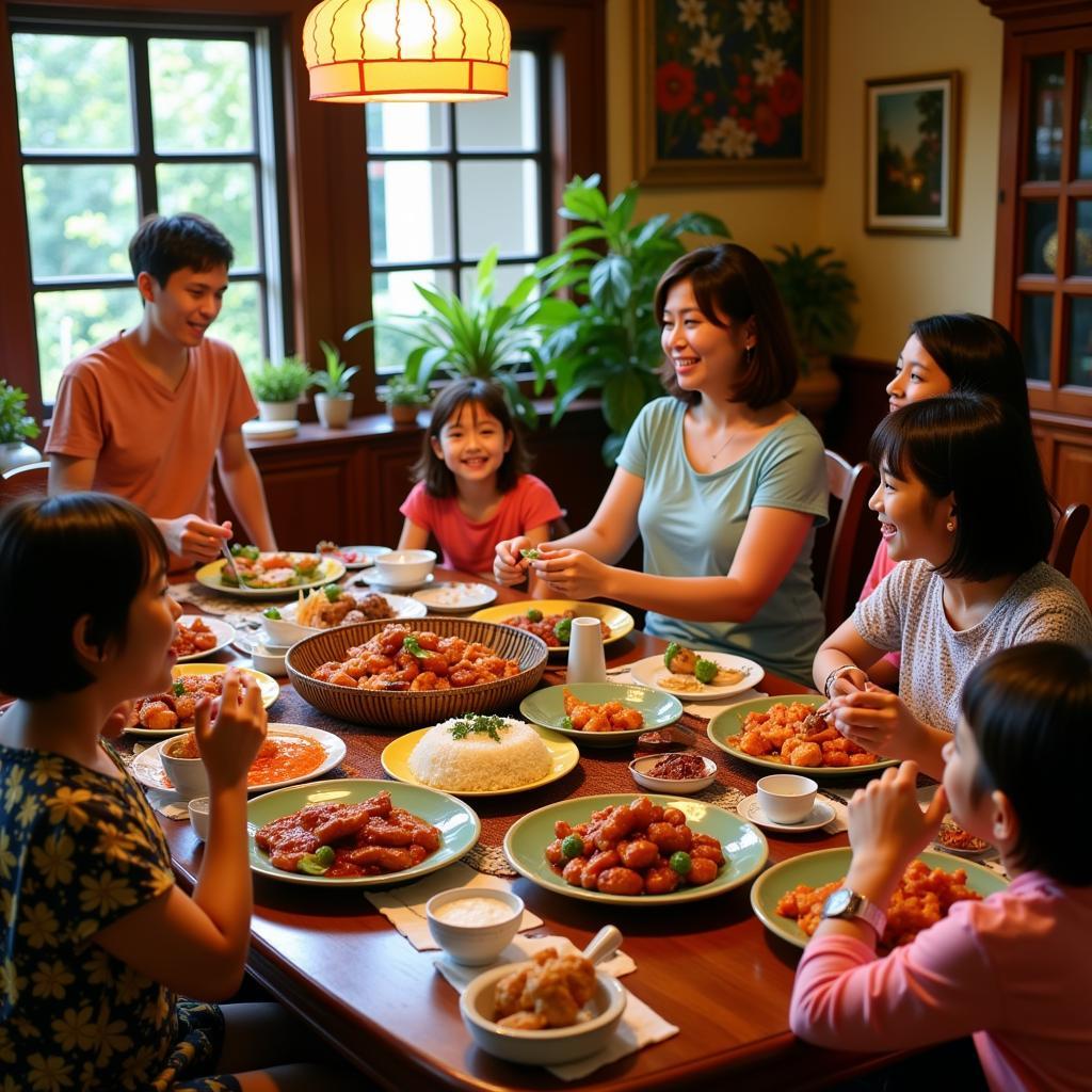 Family enjoying a traditional Peranakan dinner in a Melaka homestay