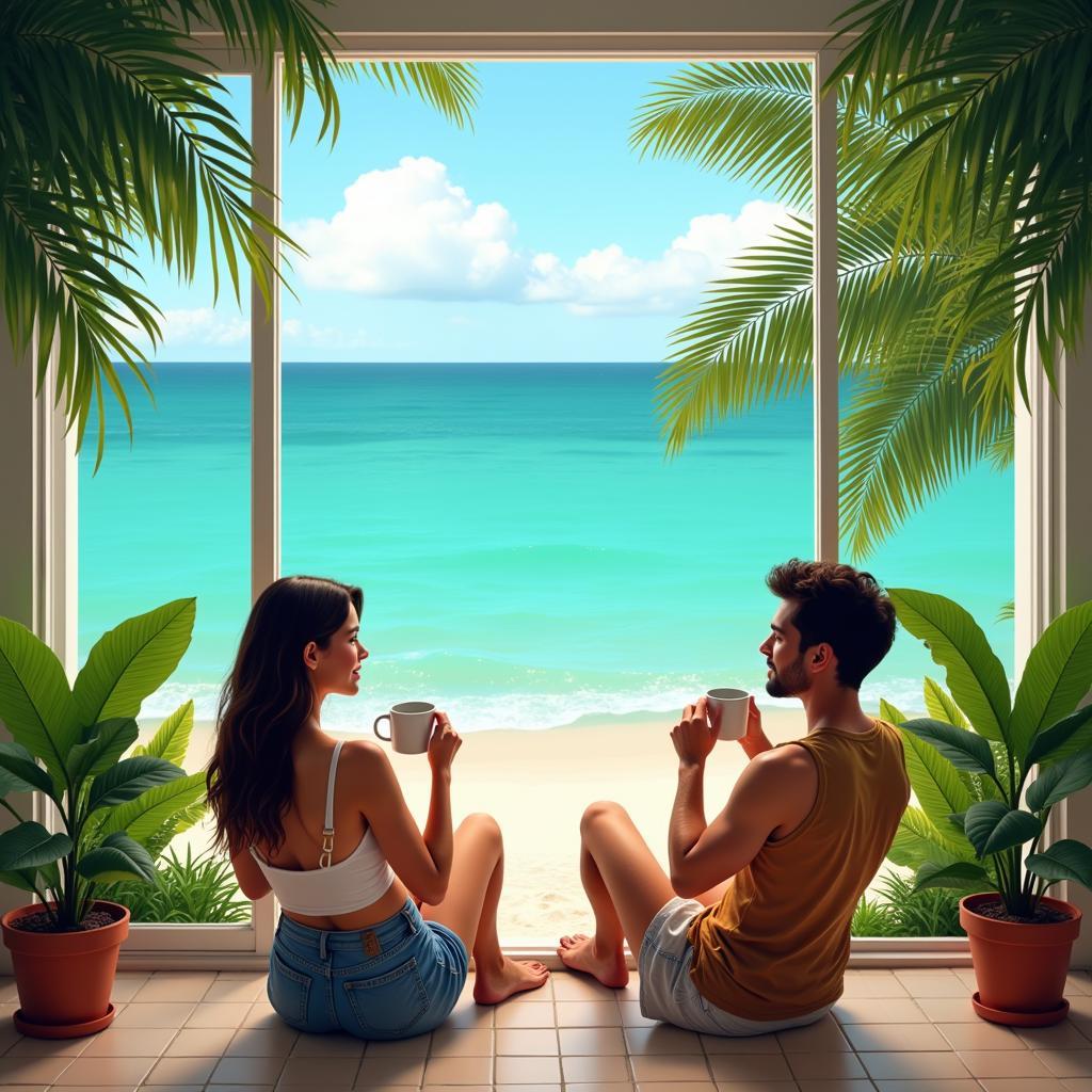 Couple enjoying the beach view from their Miami homestay balcony