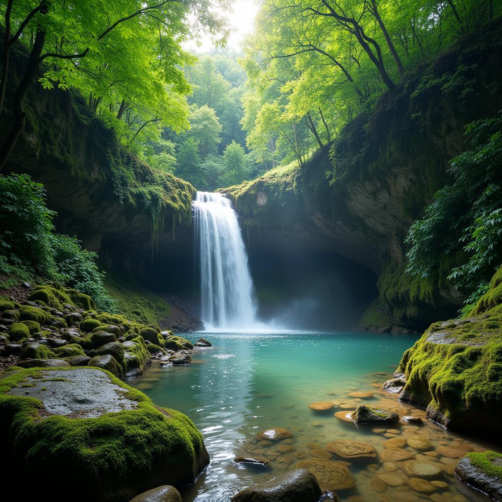 A serene hidden waterfall cascades down mossy rocks in Moc Chau.