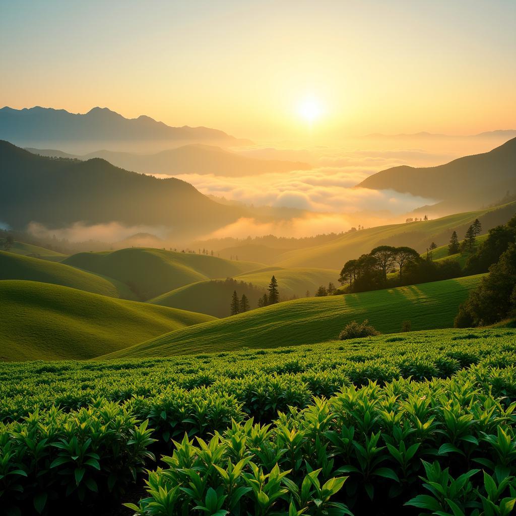 Sunrise over Moc Chau Tea Plantations