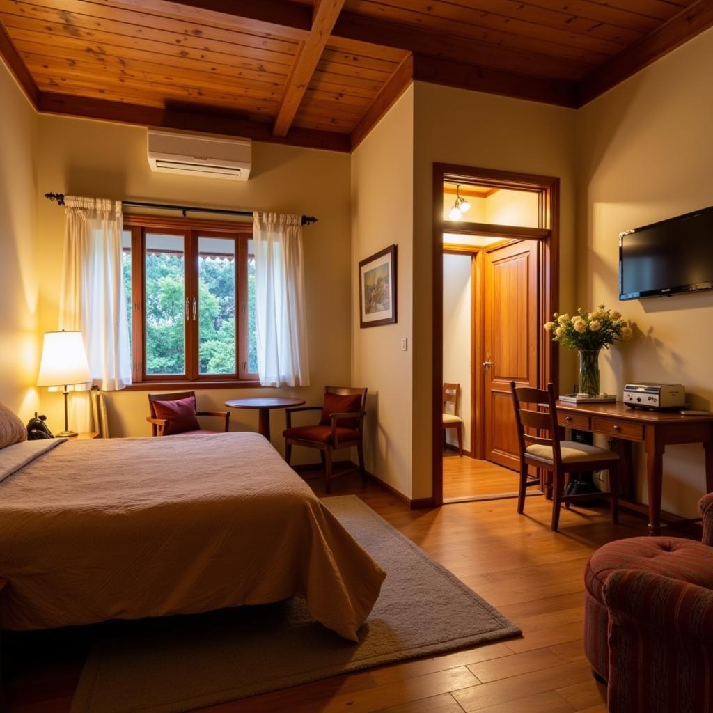 Cozy interior of a Morni Hills homestay room with traditional decor and warm lighting.