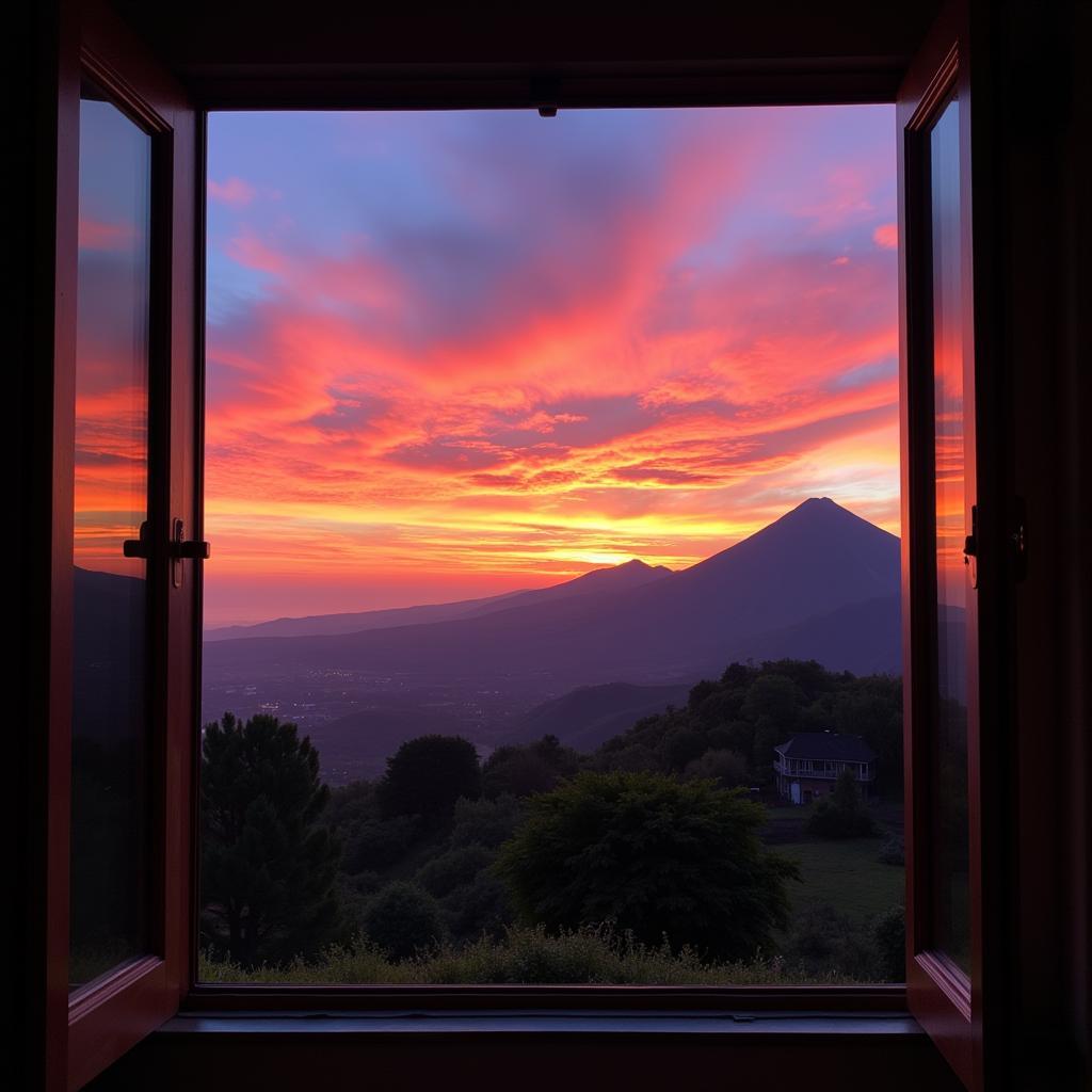 Panoramic view of Mount Bromo sunrise from a homestay