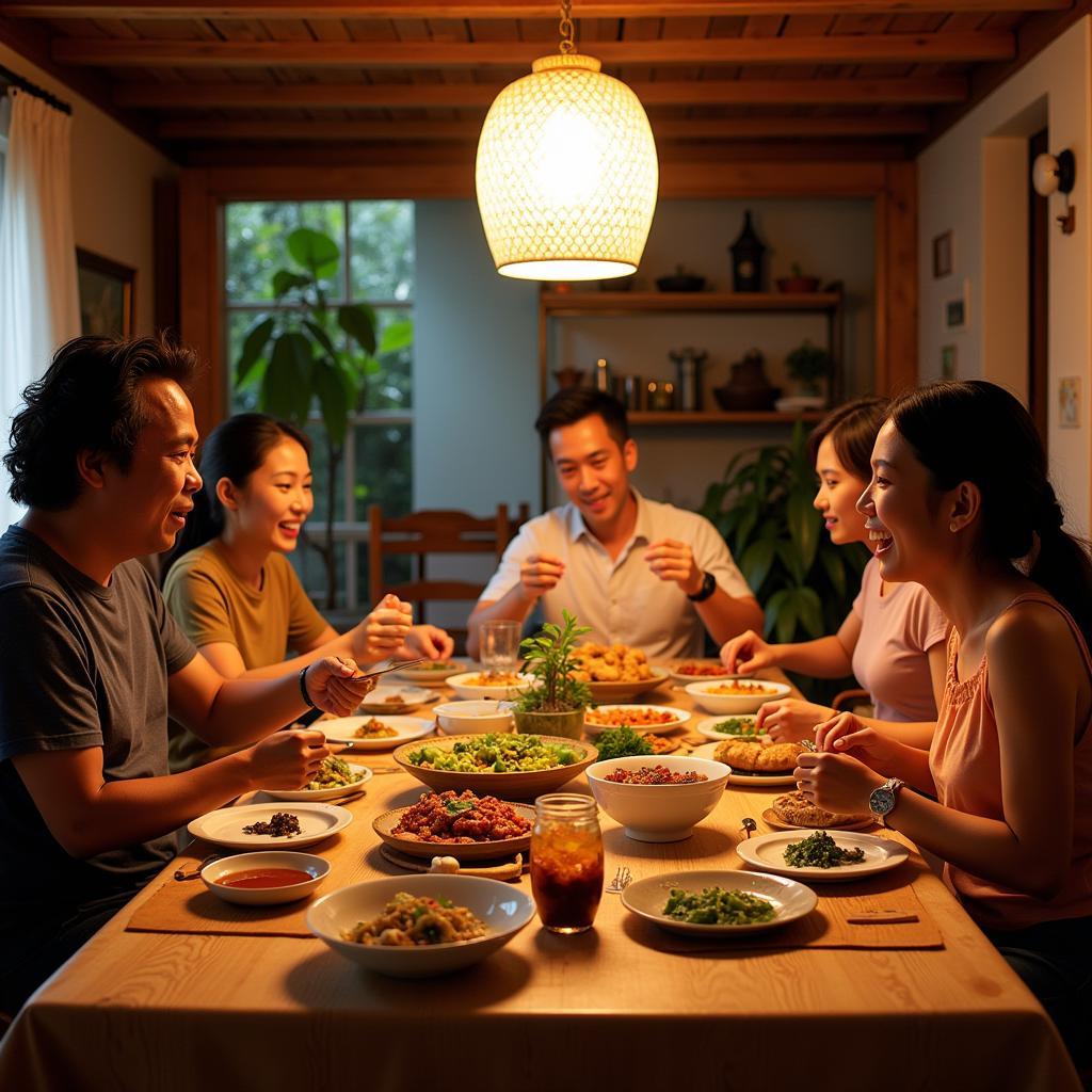 Sharing a meal with a local family in a Mu Cang Chai homestay