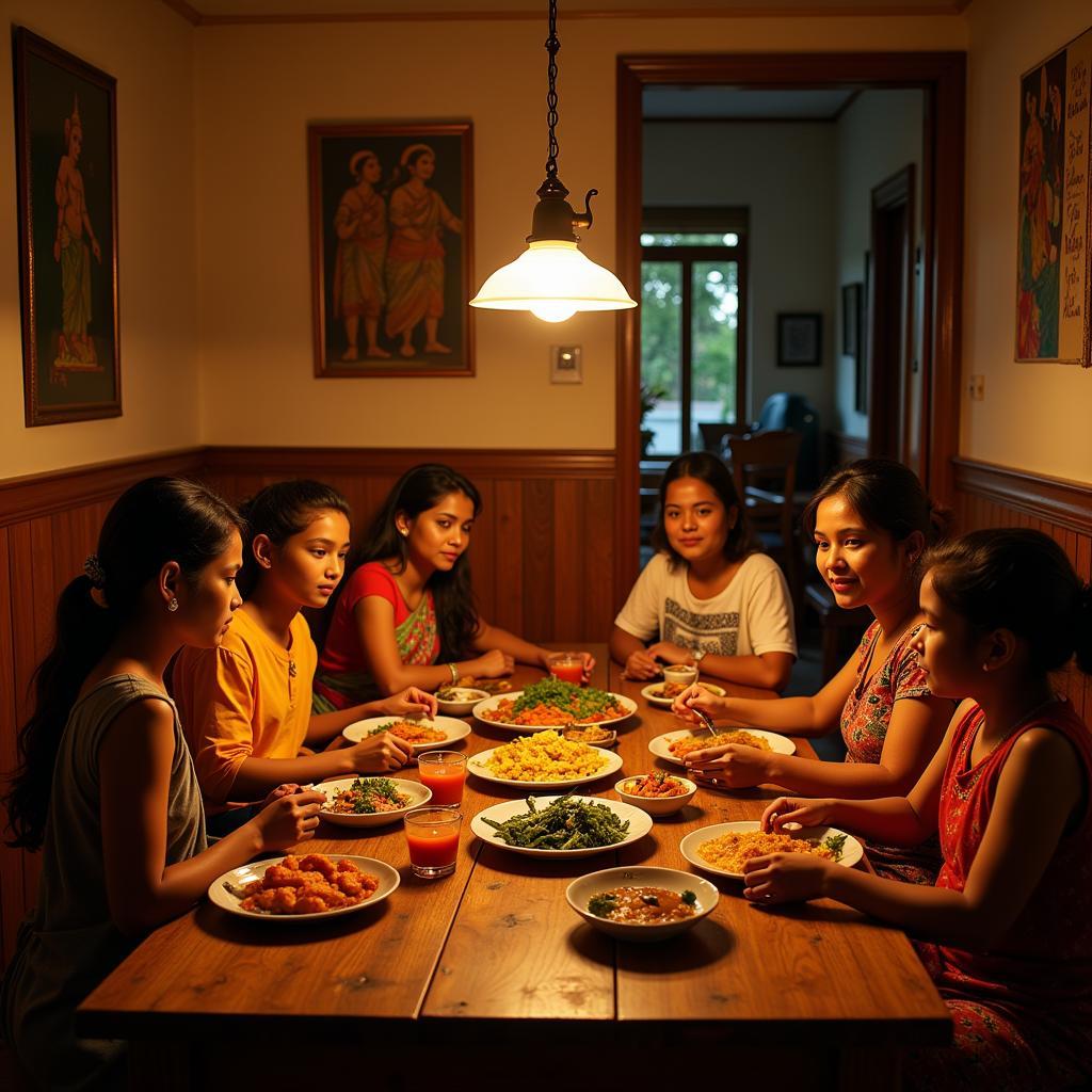 A family enjoys a traditional Kerala meal together in the warm and inviting dining area of their homestay.